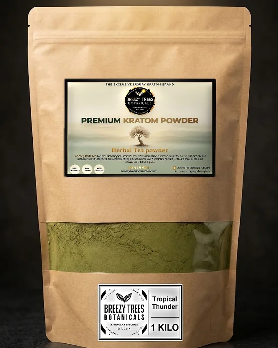 A one kilo kraft bag of Tropical Thunder with the Breezy Trees label