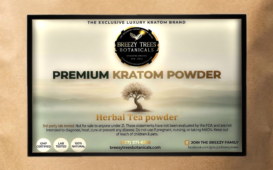The main sticker up close: the Breezy Trees seal, Premium Kratom Powder, the phone number and the group address